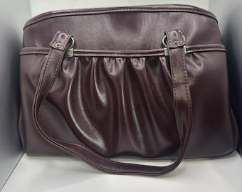 Vintage Burgundy Patent Leather Kiss Lock Frame Handbag Ruched Purse Classic