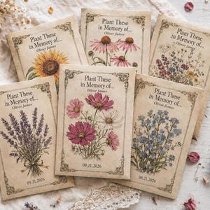 May include: Six rectangular paper seed packets with a vintage aesthetic, each featuring the text Plant These in Memory of... Oliver James. The packets display botanical illustrations of sunflowers, coneflowers, wildflowers, lavender, cosmos, and forget-me-nots.