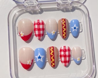 4th of July Press On Nails: Summer Picnic BBQ Manicure, Hot Dog Fake Nail