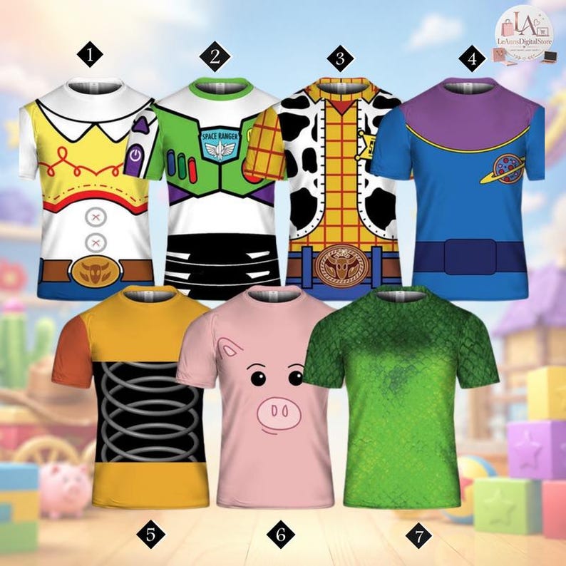 Toy Story Costume Cosplay Shirt, Woody Buzz Lightyear Jessie Rex Bo Peep, Toy Story Family Matching Shirts, Pixar Group Tees image 1