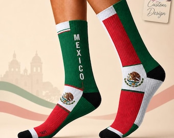 Personalisierte Fussball Cup 2026 Crew Socken, Benutzerdefinierte Mexiko Fussball Mannschaftssocke, Internationaler Spieltag Fan Geschenk, Viva Country Sports Socken