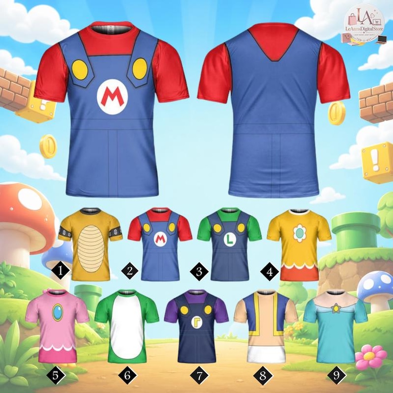 Camiseta de cosplay de Mario, camiseta de disfraz de Super Mario y Luigi, camiseta grupal de Halloween y Navidad, divertida camiseta familiar a juego para fiestas de cumpleaños imagen 1