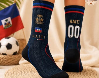 Personalisierte Fussball Cup 2026 Crew Socken, Benutzerdefinierte Haiti Fussball Mannschaftssocke, Internationaler Spieltag Fan Geschenk, Ayiti Country Sports Socken