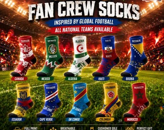 Personalized Soccer 2026 Crew Socks, WC Custom Socks, Fan Crew Football Socks, National Team Tournament Collection