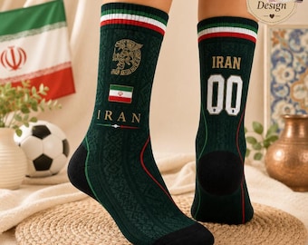Personalisierte Fußball Cup 2026 Crew Socken, benutzerdefinierte iranische Fußball-Team-Socke, Internationaler Spieltag Fan Geschenk, persische Country Sports Socken