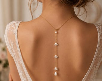 Rygglösa bröllopsklänningssmycken, diamantbladhänge för brud, bröllopssmycken fram och bak för klänning med låg rygg, balgalaaccessoar för henne