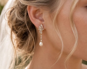 Vintage zoetwaterparel oorbellen, kristallen bruidsoorbellen, elegante diamanten bladoorbellen, trouwdag parelsieraden, kerstcadeau voor haar