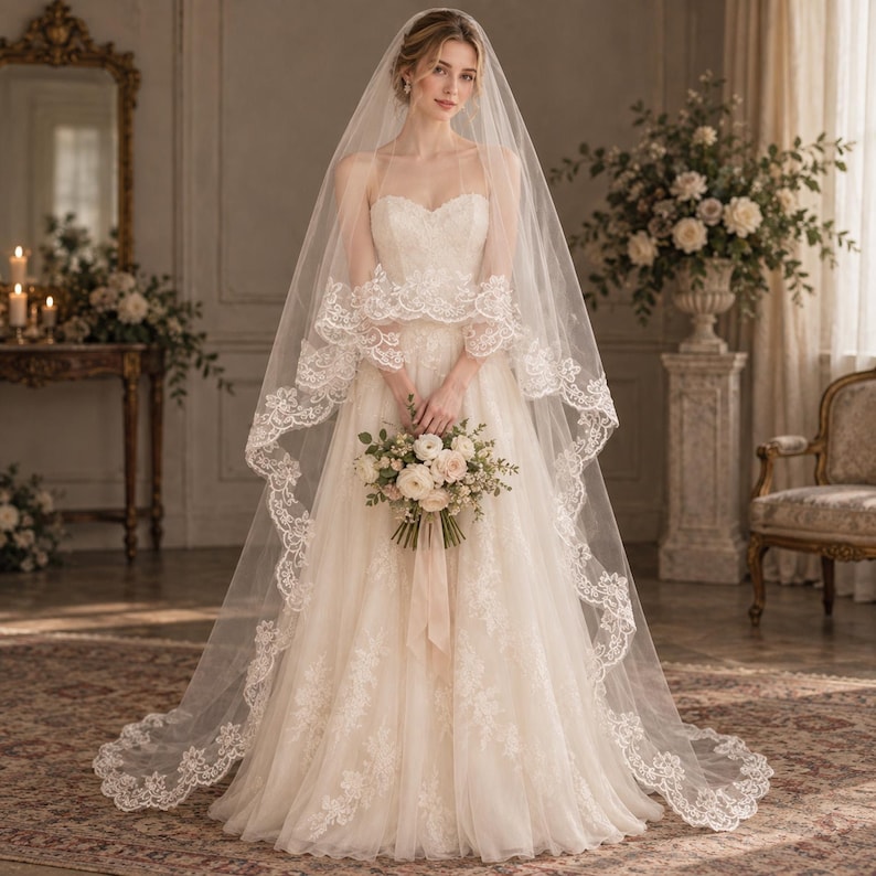 Voile de mariée cathédrale dentelle fleurs festonnées