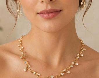 Diamant-Blatt-Ranken-Schmuckset mit Kristallen, Zirkonia-Halskette und Ohrringen, elegantes Hochzeitsschmuckset für die Braut, festliches Accessoire für Brautjungfern