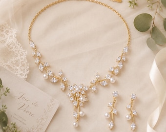 Gold Crystal & Pearl Bridal Jewelry Set, Wedding Diamond Vine Leaf Necklace, Bridesmaid Gift, Prom Jewelry, Birthday Gift, Christmas Gift