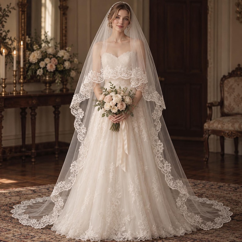 Voile de mariée cathédrale dentelle fleurs festonnées