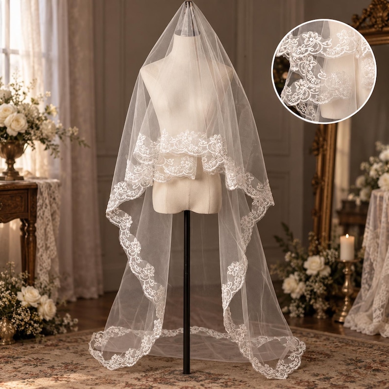 Voile de mariée cathédrale dentelle fleurs festonnées