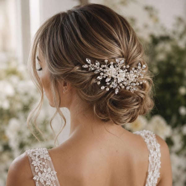 Floral Crystal & Pearl Bridal Hair Comb, Dainty Wedding Hairpiece, Silver Bridal Hair Accessory, Hair Comb for Updos, Bridesmaid Hair Comb