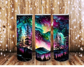 Galaxy Night Sky Tumbler with straw Aurora Borealis Tumbler Northern Lights Tumbler
