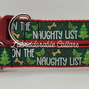 May include: Red and green dog collar with the text "On the Naughty List" and a Christmas tree design.