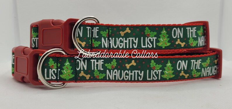 May include: Red and green dog collar with the text "On the Naughty List" and a Christmas tree design.