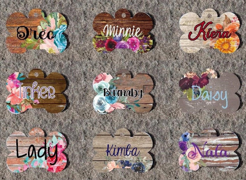 Etiquetas de identificación para mascotas con flores Etiqueta de identificación para perros Etiqueta para perros Etiqueta con nombre para mascotas personalizada