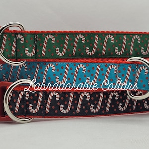Può includere: Tre collari per cani con un motivo a bastoncino di zucchero e pois. I collari sono verde, blu e nero con accenti rossi. I collari sono realizzati da Labradorable Collars.