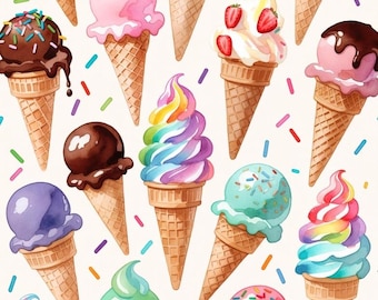 Stampe artistiche di coni gelato ad acquerello - Set di 5 decorazioni estive per dessert