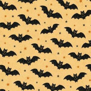 May include: A repeating pattern of black bats with outstretched wings and orange stars on a tan background. The bats have detailed facial features and are evenly spaced across the image, creating a Halloween theme.