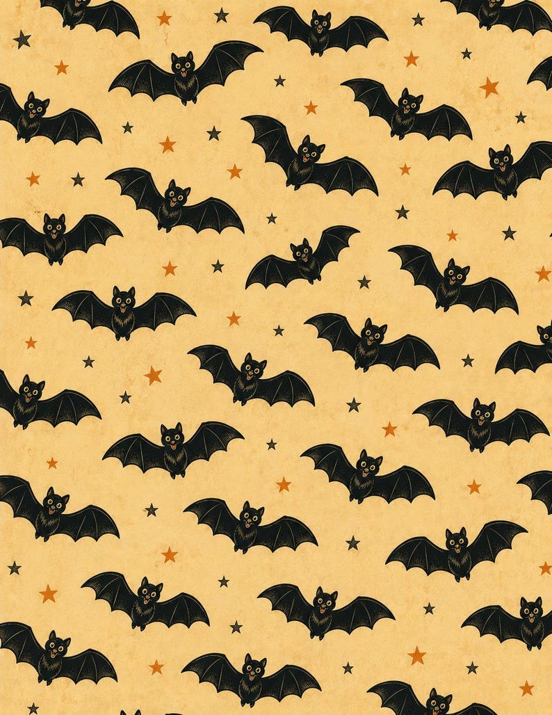May include: A repeating pattern of black bats with outstretched wings and orange stars on a tan background. The bats have detailed facial features and are evenly spaced across the image, creating a Halloween theme.