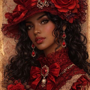Op de afbeelding: Een portret van een vrouw met een rode hoed versierd met rozen en juwelen. Ze heeft lang, donker krullend haar en draagt een rode jurk met een grote strik en bijpassende oorbellen. De afbeelding heeft een vintage, romantische uitstraling.