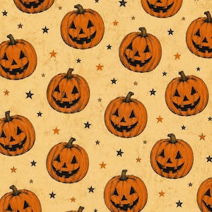 May include: A repeating pattern of orange jack-o'-lanterns with carved faces and green stems, interspersed with black and orange stars, set against a tan background. The design evokes a Halloween theme.
