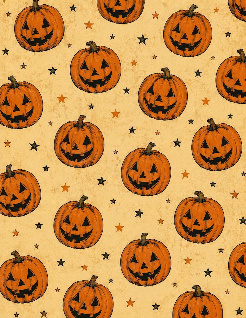 May include: A repeating pattern of orange jack-o'-lanterns with carved faces and green stems, interspersed with black and orange stars, set against a tan background. The design evokes a Halloween theme.