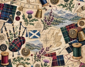 Pacote de Papel para Diário de Sucata com Tema de Armarinho Escocês | Enfeites Efêmeros com Cardo em Tartan (8,5x11)