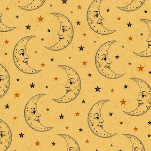 May include: A repeating pattern featuring crescent moons with smiling faces and stars in shades of black and orange. The celestial design is set against a textured, light yellow background, creating a vintage aesthetic.