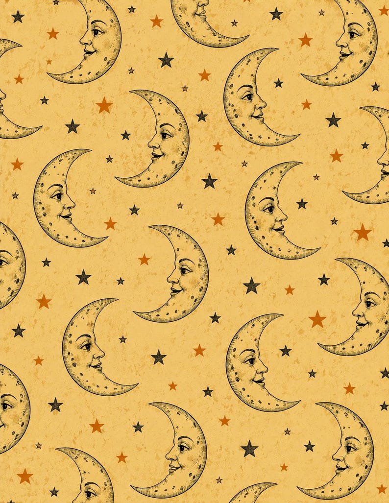May include: A repeating pattern featuring crescent moons with smiling faces and stars in shades of black and orange. The celestial design is set against a textured, light yellow background, creating a vintage aesthetic.