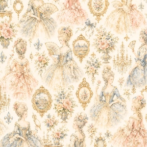 May include: A repeating pattern featuring illustrations of women in ornate gowns, fans, and floral arrangements. The color palette includes soft pastels of pink, blue, and cream, with gold accents. The design evokes a vintage, Rococo aesthetic.