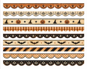 Vintage Halloween Borders, Orange Black Gingham Scalloped Trim, Junk Journal Ephemera
