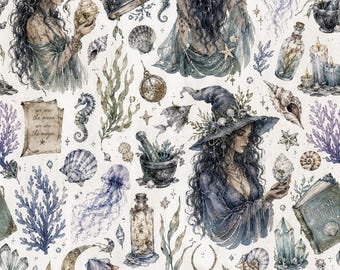 Sea Witch Paper Pack | Aquarell Meereszauber, Quallen, Kristalle, Hexen (21 x 28 cm)
