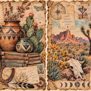 Könnte beinhalten: Eine Collage mit Wüstenmotiven, zwei Tontöpfen, einem Stapel Bücher mit der Aufschrift Desert Plants, Cacti, Wildlife und Southwest, einem Hufeisen, einer Feder, einem Kaktus, einem Schädel, einem Kompass und Text, darunter Good Things Grow In Dry Places.