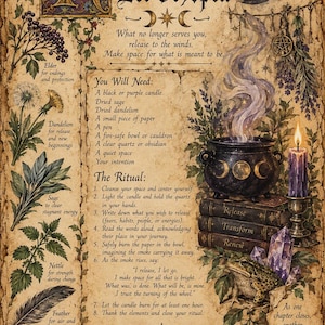 May include: A parchment-style print titled Release & Let Go Spell, featuring botanical illustrations of elder, dandelion, sage, nettle, and a feather. It includes a ritual guide, a cauldron with smoke, a purple candle, and a frog on a stack of books.