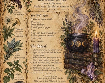 Könnte beinhalten: Ein Druck im Pergamentstil mit dem Titel Release & Let Go Spell, der botanische Illustrationen von Holunder, Löwenzahn, Salbei, Brennnessel und einer Feder zeigt. Er enthält eine Ritualanleitung, einen rauchenden Kessel, eine lila Kerze und einen Frosch.