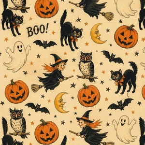 May include: A repeating pattern featuring Halloween-themed illustrations. The design includes orange jack-o'-lanterns, black cats with orange bows, owls, bats, witches on brooms, ghosts, crescent moons, and stars. The word "BOO!" is also present.