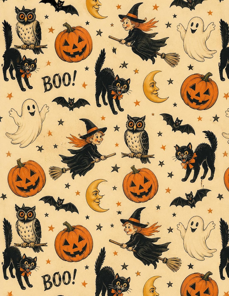 May include: A repeating pattern featuring Halloween-themed illustrations. The design includes orange jack-o'-lanterns, black cats with orange bows, owls, bats, witches on brooms, ghosts, crescent moons, and stars. The word "BOO!" is also present.