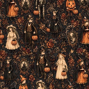Op de afbeelding: Een donker stofpatroon met kinderen in vintage-stijl in Halloween-kostuums, waaronder skeletten, heksen en pompoenpakken. Het ontwerp bevat oranje pompoenemmers, zwarte katten, raven en sierlijke ovale kaders met afbeeldingen van kastelen.