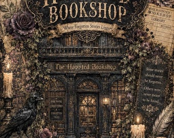 May include: A decorative print titled The Haunted Bookshop featuring a dark storefront with an open sign, surrounded by ravens, skulls, candles, ink, and roses. The text reads The Haunted Bookshop, Where Forgotten Stories Linger, and Some stories should never be forgotten. Others were never meant to be found.