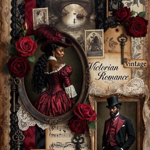 May include: Victorian-themed collage with a portrait of a woman in a red dress and hat, and a man in a suit. Features roses, keys, lace, and the words "Victorian Romance", "antique", "vintage", and "romance".