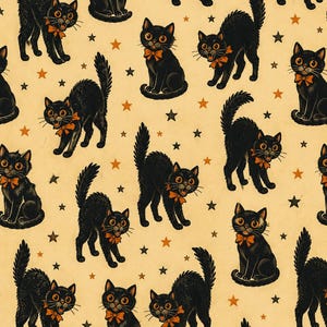 May include: A repeating pattern featuring black cats with orange bow ties and wide eyes, set against a cream background with scattered orange and black stars. The cats are in various poses.