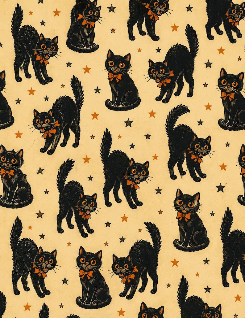May include: A repeating pattern featuring black cats with orange bow ties and wide eyes, set against a cream background with scattered orange and black stars. The cats are in various poses.