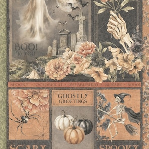 Op de afbeelding: Een vintage Halloween-print met een spookfiguur, vleermuizen en een kerkhof onder een volle maan. Het kunstwerk bevat bloemelementen, een skelet hand met bloemen, pompoenen en de woorden "Boo!" en "Spooky".