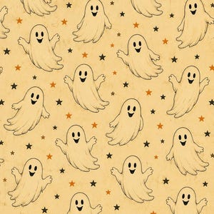 May include: A repeating pattern of smiling cartoon ghosts and stars in black and orange on a tan background. The ghosts have a simple, friendly design, perfect for Halloween-themed products.