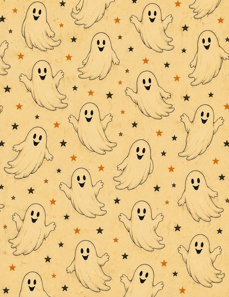 May include: A repeating pattern of smiling cartoon ghosts and stars in black and orange on a tan background. The ghosts have a simple, friendly design, perfect for Halloween-themed products.