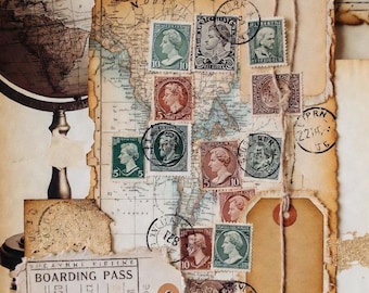 Kit di collage con carta da viaggio vintage / mappe antiche, mappamondi e altri materiali d'epoca (21,5 x 28 cm)