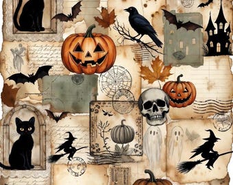 Carta vintage per scrapbooking a tema Halloween / Diario di oggetti curiosi a tema stregonesco / Materiale effimero gotico 8,5x11