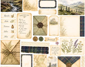 ScottishHighlandsScrapbook&JunkJournalKit VintageTartanApothecaryEphemera (Physical 8,5×11 Sheets)